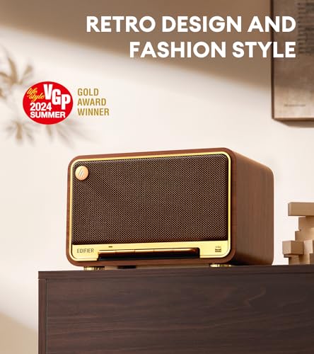 Edifier D32 Retro Wooden Tabletop Wireless Speaker AirPlay2, Brown | 60W RMS, Dual Hi-Res, Bluetooth5.3, Hi-Res Audio, ALAC, LDAC, 11H Battery, DSP Crossover, MDF Retro Cabinet, USB-C, AUX Input - color: Brown