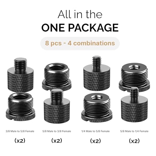 Mic Stand Adapter Set 8 pieces Metal Microphone Stand Screw Thread Adapter 5/8 Female to 3/8 Male 3/8 Female to 5/8 Male 5/8 Female to 1/4 Male 1/4 Female to 5/8 Male Tripod Adapter ADP02 Black - color: Black