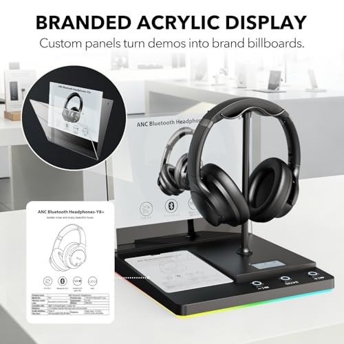 1Mii DemoStation B3+ Bluetooth Audio Demo Stand for Dual Headphones Display | Headset stand for Gaming, Retail Store and Trade Show, RGB Lighting Acrylic Desk Holder with USB-C Charging/Optical/3.5mm AUX