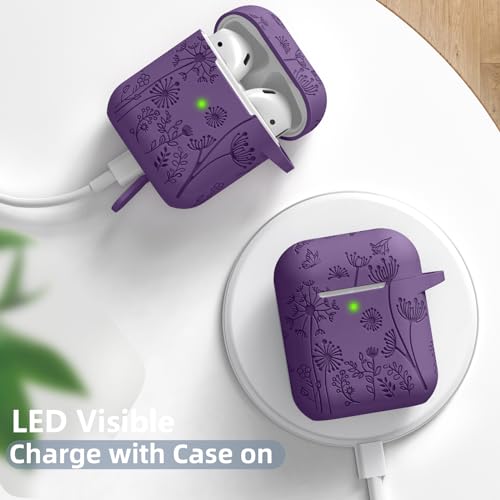 Lerobo for AirPod Case 2nd/1st Generation with Keychain | Flower Engraved Silicone Protective Cover for AirPods 2 Case, Wireless Charging, Shockproof, One-piece Design, Purple - color: Purple