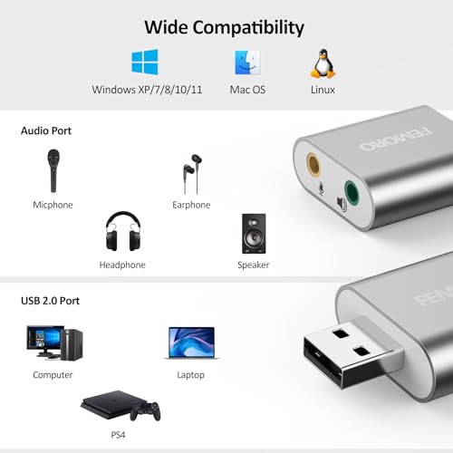 USB Sound Card, 7.1 Channel External Microphone Audio Jack Adapter Clear Sound for PC, Laptop, Mac, PS4, Headphone (Plug and Play No Drivers Needed)
