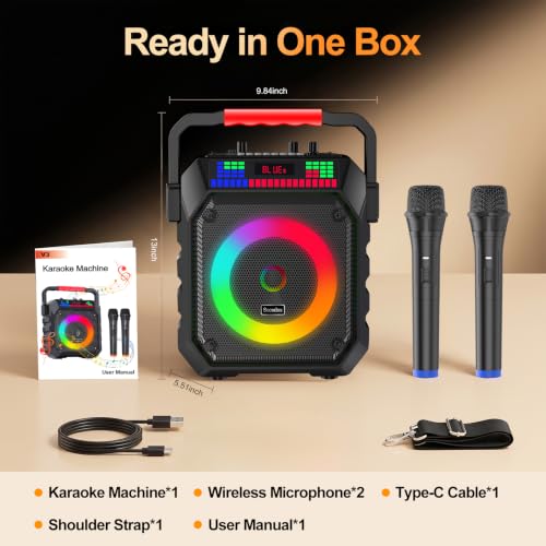 Karaoke Machine and 2 Wireless Microphones for Adults & Kids | Karaoke Speaker with RGB Lights, Supports Bluetooth/USB/TF/AUX Inputs, Portable for Home Parties & Outdoor Events