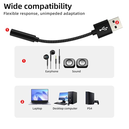 USB to 3.5mm Jack Audio Adapter Aux Headphone Interface Pc Sound External Plug Phone Car Microphone Computer Auxiliary Splitter Port for iPhone Headset Cable Adaptor Compatible for Samsung