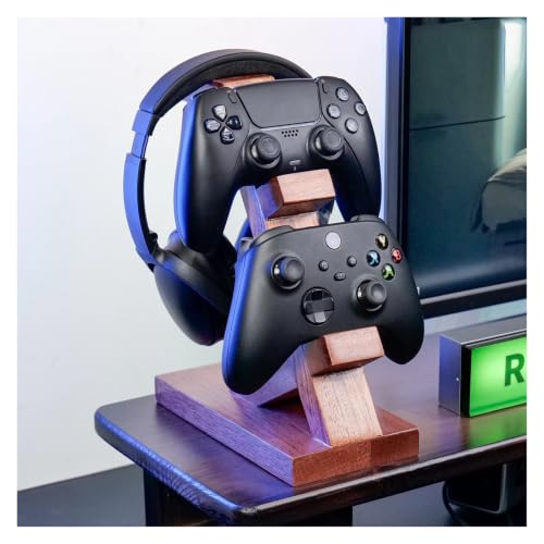 Solid Wood Headset Stand with Gaming Controller Holder, Desktop Gaming Accessory