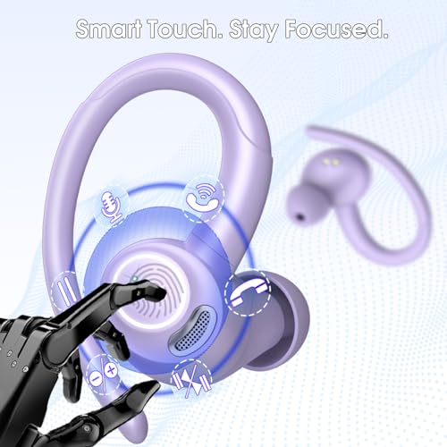 Wireless Sport Earbuds with Earhook, 48Hrs Deep Bass/ENC Mic Ear Bud Purple | Wireless Earphone with LED Display, Bluetooth 5.3 Headphones In Ear, IPX7 Waterproof Over Ear Buds for Running/Workout - color: Purple