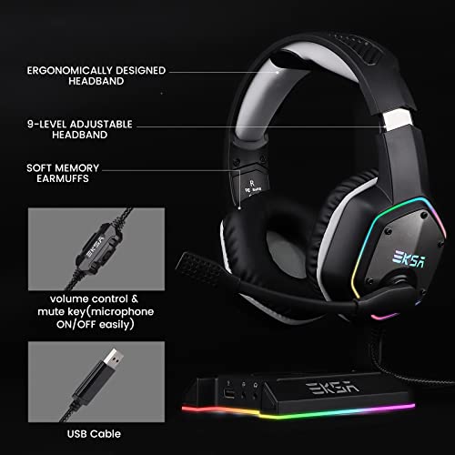 EKSA E1000 USB PC Gaming Headset with Mic, 7.1 Surround Sound - color: Grey