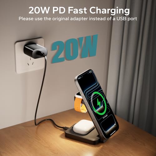 Eazpower 3 in 1 Foldable Wireless Charging Station for MagSafe, Nightstand Magnetic Charger Stand for iPhone 17 16 15 14 Pro Max, Travel Charging Dock with Night Light for Apple Watch/AirPods (Black) - color: Black