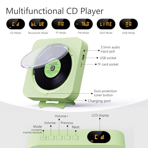 MICOCIOUS Portable CD Player with Bluetooth Desktop CD Player for Home CD Music Players with Remote Control,Timer,Built-in Dual Speakers with LED Display Home Audio Boombox FM Radio (Green) - color: Green