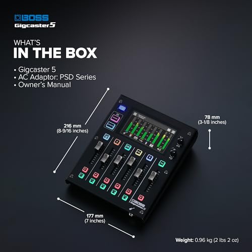 BOSS Gigcaster 5 Compact 5-Channel Audio Streaming Mixer with Direct Guitar/Bass Input | 2 XLR Mic Inputs | Stereo Line Input | 8 Touchscreen SFX Pads | 16x12 USB Audio Interface