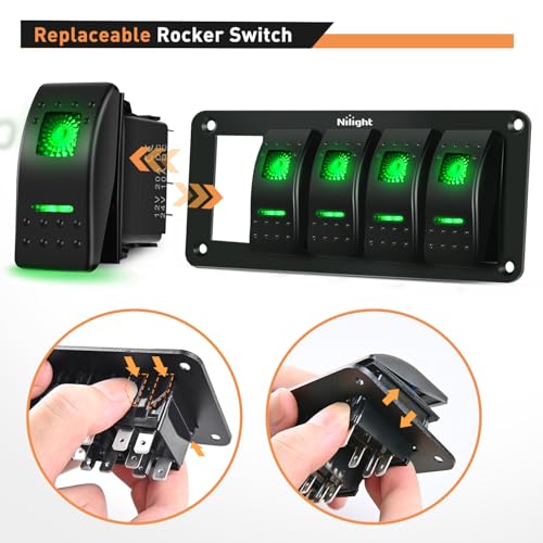 Nilight 5 Gang Rocker Switch Panel SPST On Off Toggle with DIY Label Sticker | 5PIN Electrical 12V/20A 24V/10A Aluminum Plate with Pre-Wired Jumper Wires for LED Light Bar RV Boats 4X4 Cars Green - color: Green, size: 5 Gang