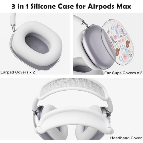 for AirPods Max Headphones Western Ear Covers for AirPods Max 2 | Cute Cowboy Clear Ear Cups Cover | White Silicone Ear Pad Case Headband Cover for Apple AirPods Max 2/1 (2026/2024/2020) - color: Cowboy E/White