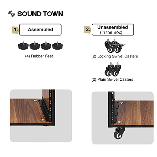 Sound Town DIY 20U Studio Rack with Furniture Grade Walnut Laminate, Rubber Feet, Casters (SDRK-20WN) - size: 20U w/ Casters