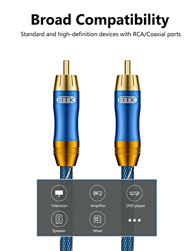 EMK Subwoofer Cable Digital Coaxial Audio Cable for Audiophile 75-Ω SPDIF Digital Coaxial Audio Cable Dual Shielded with Gold Plated RCA to RCA Connectors -Top Blue Series (10ft/3m) - size: 10ft/3m