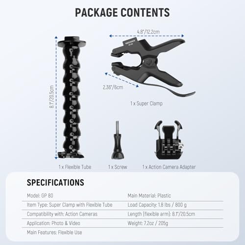 NEEWER Flexible Clamp Mount Compatible with GoPro DJI Action Cameras, GP-80 | Compatible with DJI Action 6 Osmo 360 Insta360 X5/4/3 AcePro series, Jaw Flex Super Clamp Holder Mount Accessories for Video