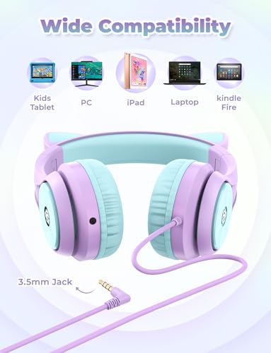 iClever HS20 Kids Headphones for Toddler Girls, Cat Ear LED Light Up School | SafeSound Tech, 3.5mm Wired Foldable, Stereo Sound, Over-Ear Headphones for Kids for iPad/Tablet/Travel/Gift, Light Purple - color: Light Purple