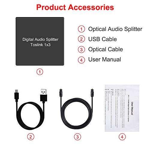 3 Port Toslink Splitter with Optical Cable (1 In 3 Out) Premium Quality Digital Optical Audio Splitter Aluminum Alloy SPDIF Toslink Fiber Audio Splitter Support Dolby Digital DTS 5.1 PCM Stereo LPCM