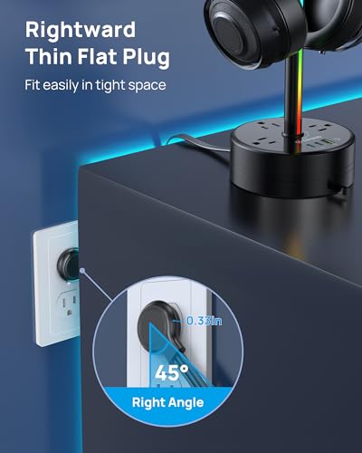 TROND Headphone Stand with PD 20W USB C Charger, RGB Gaming Headset Holder | 3 AC Outlets Extension, 5ft Retractable Power Strip Suitable for Gamer Desktop Table Game Earphone Accessories Gift