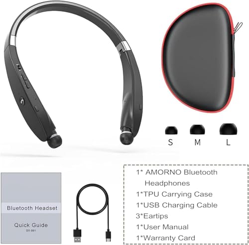 AMORNO Foldable Bluetooth Headphones Wireless Neckband Headset with Retractable Earbuds, Sports Sweatproof Noise Cancelling Stereo Earphones with Mic - color: Black