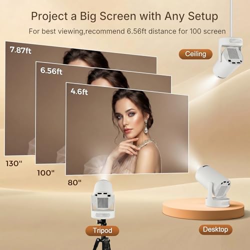Mini Projector with Wi-Fi and Bluetooth, 1080P Portable Projector with 5W Speaker, Auto Vertical Keystone & 180° Rotatable, 200 ANSI Movie Projector for Outdoor Bedroom