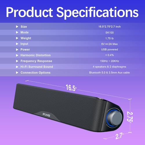 Nylavee Computer Speakers for Desktop PC, Bluetooth & AUX PC Sound Bar | 4-Driver Hi-Fi Stereo Sound, USB A/C Power, Built-in Mic and Headphone Jack, PC Speakers for Desktop, Laptop, Monitor - color: Black