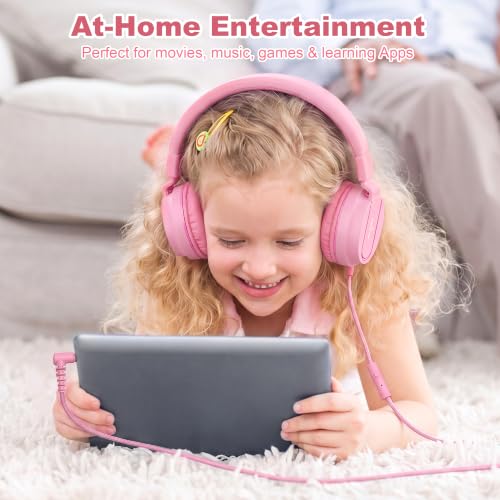AILIHEN I35 Kids Headphones for School with Mic, 93dB Volume, Rose Pink | Wired On Ear Headphones for Kids Girls, Foldable Lightweight Headphone for Classroom Learning & Entertainment Travel Computer - color: Rose Pink