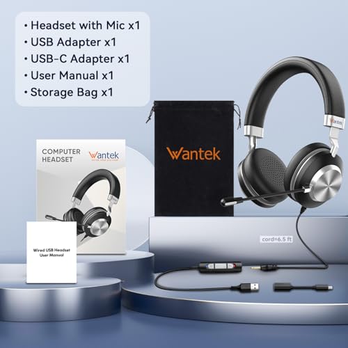 Wantek Headset wtih Mic, USB Headset with Microphone for PC, Computer Headset with Noise Canceling Microphone with Mute for Work Home Office Online Skype Zoom Meetings - color: Black