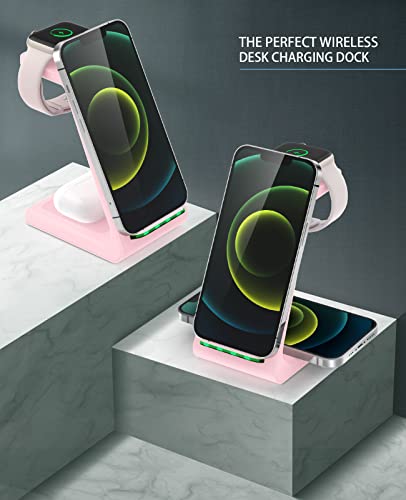 3 in 1 Wireless Charging Station, 2026 Upgraded Fast Desk Charger Station for iPhone 17 16 15 14 13 12 Pro Max Plus, Charger Stand for Apple Watch 10 9 8 7 6 5 4 3 2 SE, Airpods 4 3 2 Pro(Pink) - color: C-Pink