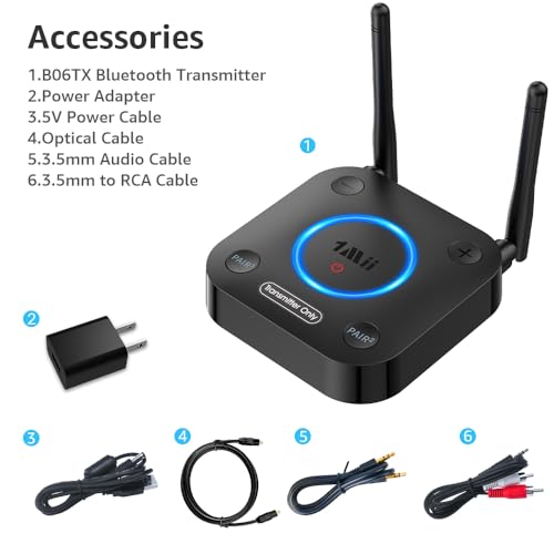 1Mii B06TX Bluetooth 5.3 Transmitter for TV to Wireless Headphone/Speaker, Bluetooth Adapter for TV w/Volume Control, AUX/RCA/Optical/Coaxial Audio Inputs, Plug n Play, aptX Low Latency & HD - color: B06TX_Black
