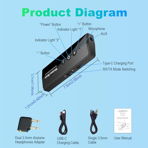 Bluetooth 5.4 Transmitter Receiver, Airplane Bluetooth Audio Adapter | Wireless Audio Transmitter for Headphones Travel Flight TV Car Gym Home Stereo, Can Pair 2 Wireless Headphones Simultaneously - color: Glossy Black