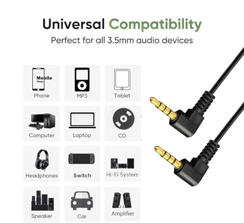 90 Degree 1/8" Male to Male Jack 4 Pole TRRS Extension Aux Spring Cord | Coiled Right Angle 3.5mm Stereo Audio Cable for PC,TV, Recorders,MP3,Card Holder,Amplifier,Speaker