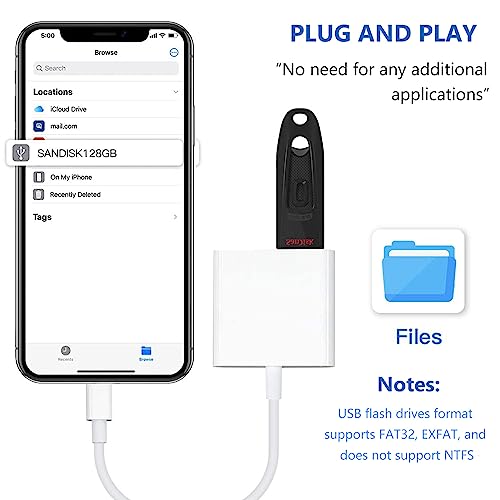 KikoSaka Lightning to USB Camera Adapter with Lightning Charging Port | USB 3.0 Female OTG Cable Keyboard Mouse for iPhone 14 13 12 11 X 8 7 6 No Support USB C, SSD, Hard Disk