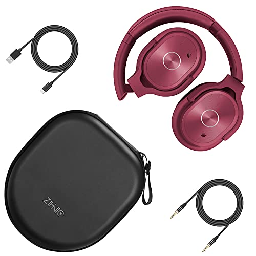 ZIHNIC Active Noise Cancelling Headphones, 40H Playtime Wireless Bluetooth Headset with Deep Bass Hi-Fi Stereo Sound,Comfortable Earpads for Travel/Home/Office (Red) - color: Red