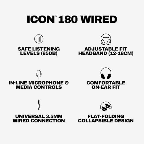 Skullcandy Icon 180 Wired On-Ear Headphones - Black | Built-In 85dB Volume Limiter, Comfortable, Adjustable Headband, Convenient for Travel with 3.5mm AUX Plug, In-Line Microphone