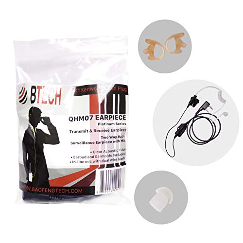 BTECH QHM07 Platinum Series Noise-Cancelling Earpiece with in-line PTT & Microphone for K1 Radios Like BaoFeng, Kenwood Radios (Includes Earmolds and Earbud, 1 Pack) - size: Single, style: QHM07 Surveillance Earpiece