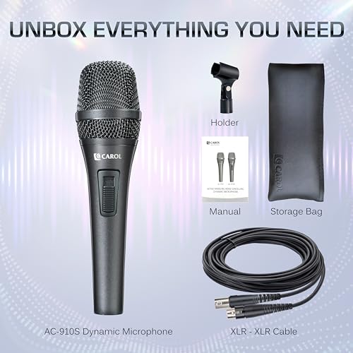 CAROL AC-910S XLR Wired Vocal Microphone, Dynamic Cardioid with Switch | AHNC dual-engine noise canceling tech for singing, studio, and stage. incl. 14.8ft (4.5m) XLR cable, mic clip - style: AC-910S (with Switch)