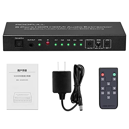 ROOFULL 5 Port 4K HDMI Switch with Audio Extractor & IR Remote | 5 In 1 Out 4K@60Hz HDMI 2.0 Switcher with Optical/AUX Audio Out, Dolby Vision/Atmos, Auto-Switching, HDCP 2.2, HDR 10, 18Gbps - color: Black (with Audio Extractor)