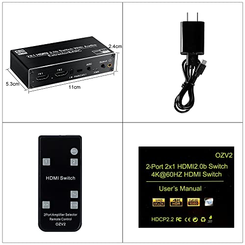 avedio links HDMI Switch Audio Extractor, HDMI Switch Splitter 2 Inputs 1 Output with Remote 4K@60hz, 2-Port HDMI2.0b Switcher Box with Optical Toslink SPDIF+Coaxial+Analog RCA Stereo Audio Out