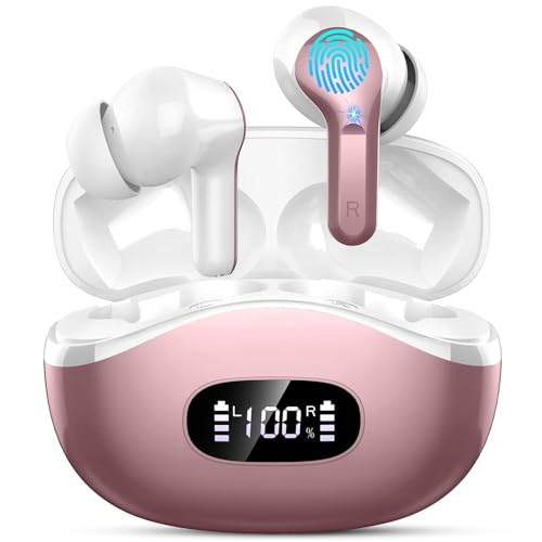 Wireless Earbuds, 2026 Bluetooth 5.4 Headphones Bass Stereo, Ear Buds with 4 Mics ENC Noise Cancelling, Bluetooth Earbuds 48H Playtime LED Display Rose Gold - color: Rose gold