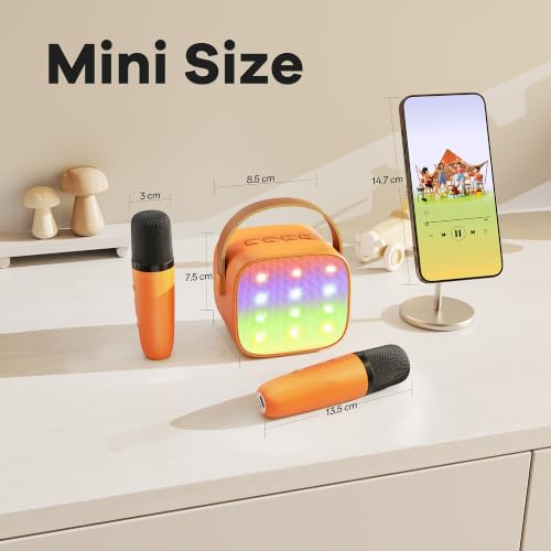 YLL Mini Karaoke Machine for Kids Adults, Portable Bluetooth Speaker with 2 Wireless Microphones, Birthday Gifts Toys for Girls Boys Ages 3, 4, 5, 6, 7, 8, 9,10,11,12+ Years Old Toddler (Orange) | Portable Bluetooth Mini Speaker with 2 Wireless Microphone