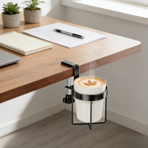 Desk Cup Holder Clamp, Anti-Spill Clip On Table Cup Holder Rotatable | Water Bottle Stand Drink Coffee Mug Storage, Office Accessories for Home and School (Black) - color: Simple Line Desk Cup Holder