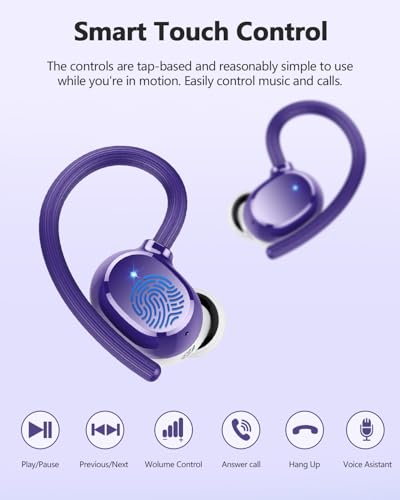 hadbleng Wireless Bluetooth Earbuds Sport 128H Playtime Bluetooth 5.3 Headphones with LED Display Powerful Bass Over Ear Earphones with Earhooks IP7 Waterproof - color: Dark purple