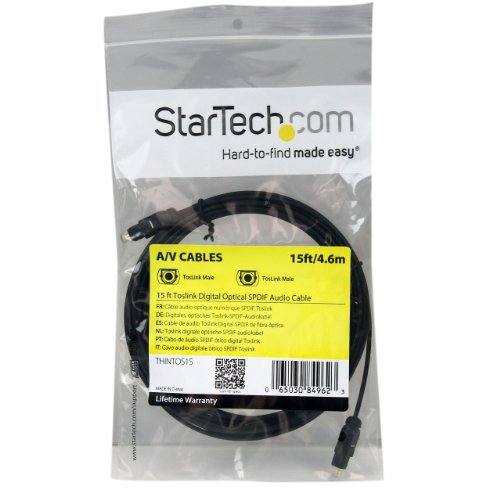 StarTech.com 15 ft Thin Toslink Digital Optical SPDIF Audio Cable - 15ft / 15 Feet Optical Audio Cable (THINTOS15),Black | Toslink Digital Optical SPDIF, 15ft / 15 Feet Optical Audio Cable - size: 15 ft, style: Toslink