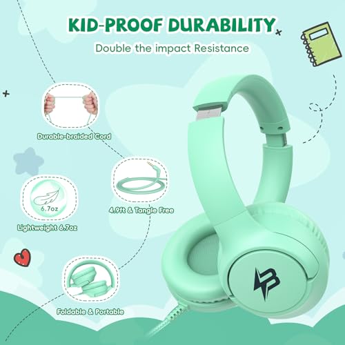Botesty Sound Kids Headphones with Cord, 3.5mm 85/94dB Volume Limit, Green - color: Green