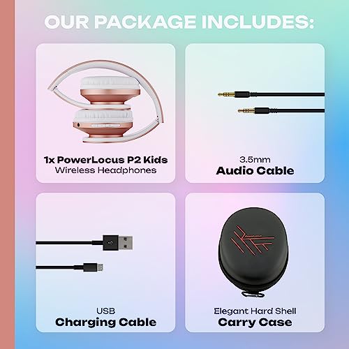 PowerLocus Kids Headphones Over-Ear, Bluetooth Wireless Headphones for Kids,with Microphone, Safe 85DB Volume Limited, Foldable with Carry Case, Audio Cable, Micro SD mode for Online Classes,PC,Phones - color: Upgrade Rose Gold