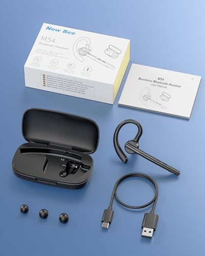 New Bee Bluetooth Headset V5.1 72H Talk Time Dual Mic with Mute Button for Business, Wireless Hand-Free Bluetooth Earpiece with 500mAh Charging Case for Cell Phone Calls Trucker Driver Laptop - color: Matte black, style: M54