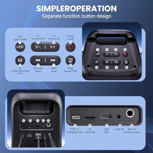 Bluetooth Speaker with 2 Wireless Microphones - Big Party Speaker for Adults Kids Karaoke with Lights - Portable Rechargeable Floorstanding Speakers Support TWS/AUX/USB/TF Card for Home Party Gift - size: 2 Mics