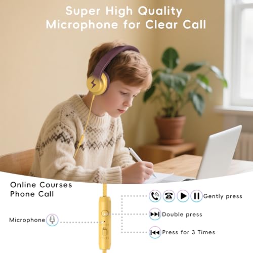 Candy Bila Wired Kids Headphones with Microphone, 85dB Safe Volume | Volume Limiter 85/94dB, HD Stereo Sound, Microphone and Wired Control,Foldable Design, Gradient Brown and Yellow - color: Gradient Brown and Yellow