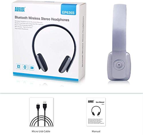 August EP636 Wireless Bluetooth On-Ear Headphones, Silver | NFC Pairing, Built-in Headset Microphone, Hands-Free Calling - color: Sliver