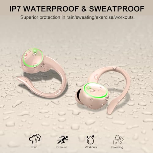 Matast Wireless Earbuds, Bluetooth 5.4 Headphones Sports, 50H Playback Over-Ear Buds with ENC Noise Cancelling Mic, HiFi Stereo Fitness Earphones with Earhooks, IP7 Waterproof Headset - color: light pink
