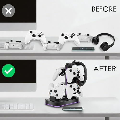 Controller Charger with Headphone Stand for Xbox Series X|S/Elite 2/One/One X/One S/One Elite, RGB Controller Charging Station Dock for Xbox, Headset and Controllers Holder Stand, 3 USB Ports - size: Charger with Holder for Xbox
